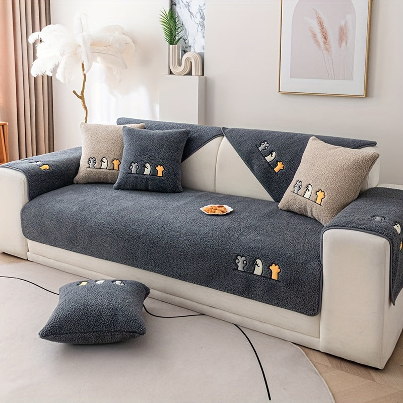 1pc Plush Thick Shearling Sofa Cover with Cute Animal & Bone Embroidery - Pet-Friendly, Non-Slip Couch Protector for All Sofa Sizes from Single to Four-Seater - Soft, Warm Decor for Living Room, Bedroom, Office, Sofa Covers for Living Room