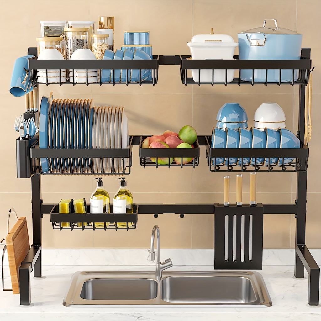 Black Friday Christmas Special! 3-Tier Over Sink Dish Drying Rack - Adjustable Expandable Kitchen Organizer with Baskets, Carbon Steel & Plastic, Black | Space-Saving Drainer | Escurridor De Platos