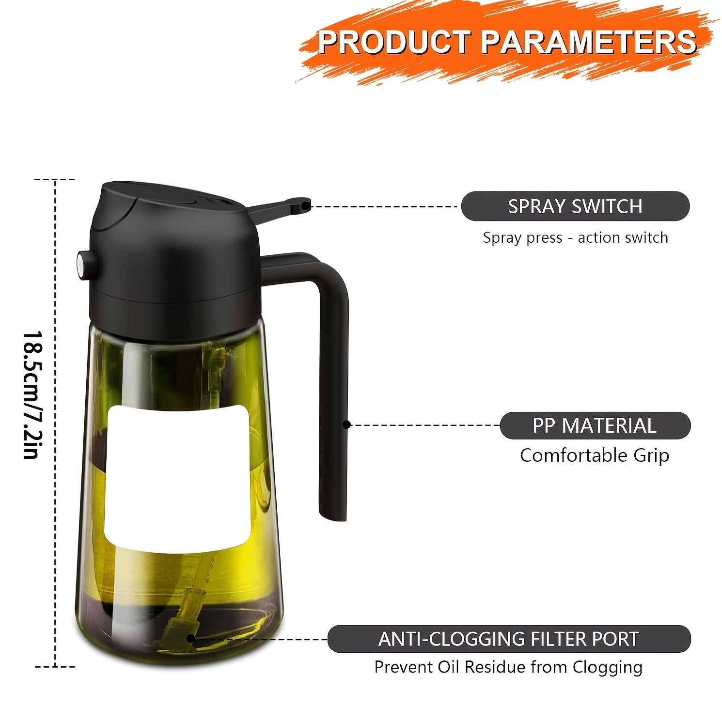 Set of 2 Glass Bottles for Olive Oil, Featuring a Dual Function for Drizzling And Spraying. The Dark Green Glass Helps to Keep The Oil Fresh by Blocking Out Light. Each Bottle Holds 16Oz/480Ml