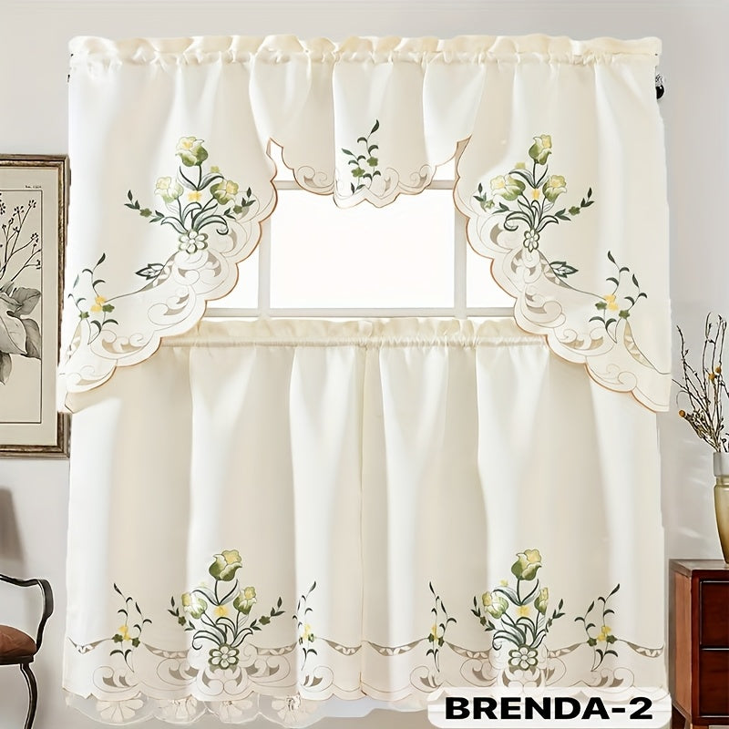 3pcs Embroidery Kitchen Curtains Set Flowers Embroidery Satin Fabric Faux Lightweight Soft Easy Care Machine Washable 49 Design Styles Available Holiday Gifts for Family Local Warehouse All Season Use Summer
