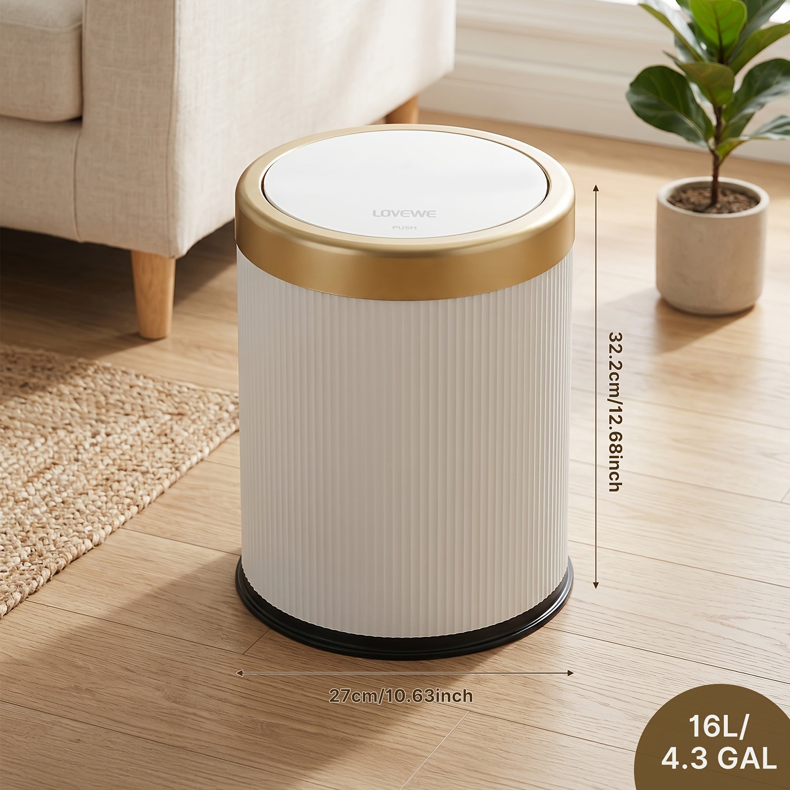 1pc 4.23gal/3.17gal Luxury Large Capacity Push-Lid Trash Can, Dual Inner Buckets, Odor-Sealing Oval Garbage Bin, Modern Plastic Waste Container for Kitchen, Bedroom, Living Room, Bathroom, Christmas Gifts, Halloween Gifts