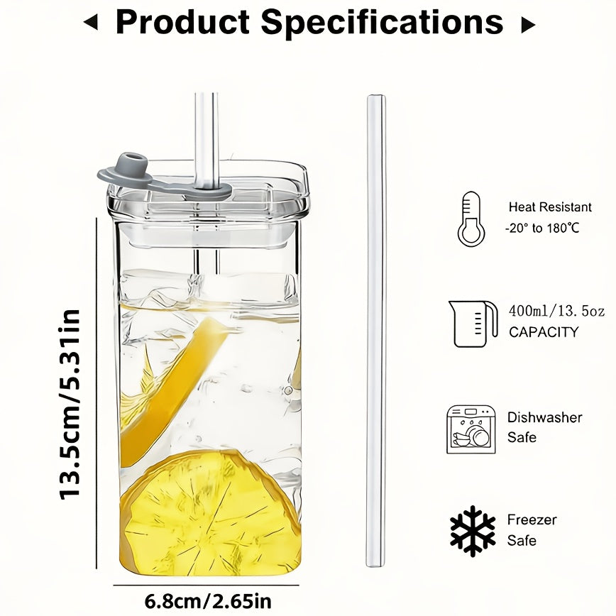 4/6 Packs High Borosilicate Glass Water Cup with Lid & Straw - Square Korean Style, Transparent, Flat Bottom, Multipurpose for Coffee, Juice, Hand Wash Only, Leak Proof, BPA Free, Valentine's Day Theme