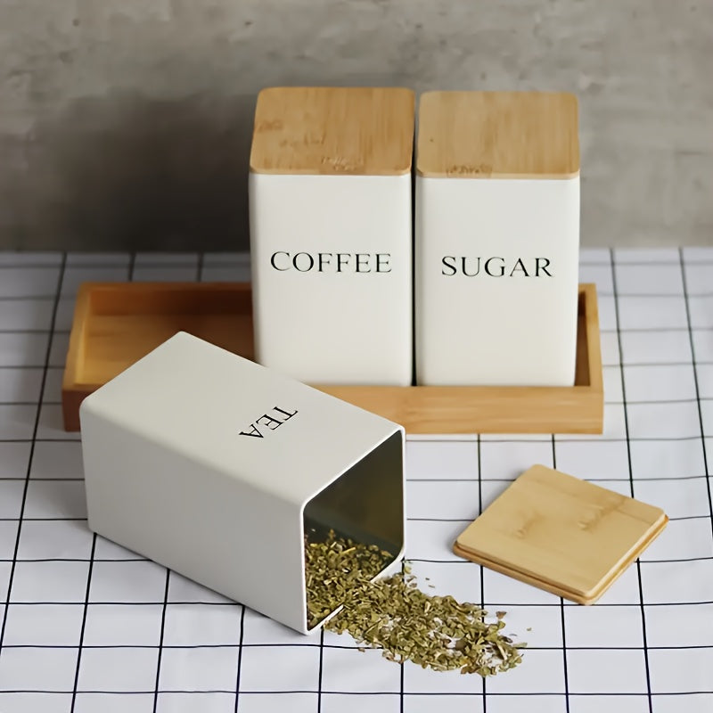 3pcs/Set Canister Tea Coffee Sugar Canisters, Metal Storage Tin for Coffee, Sugar & Tea - Kitchen Storage Jars with Wooden Lid, Coffee Tea Sugar Set - Black or White, Home Organizer Canister, Daily Supplie, Gift