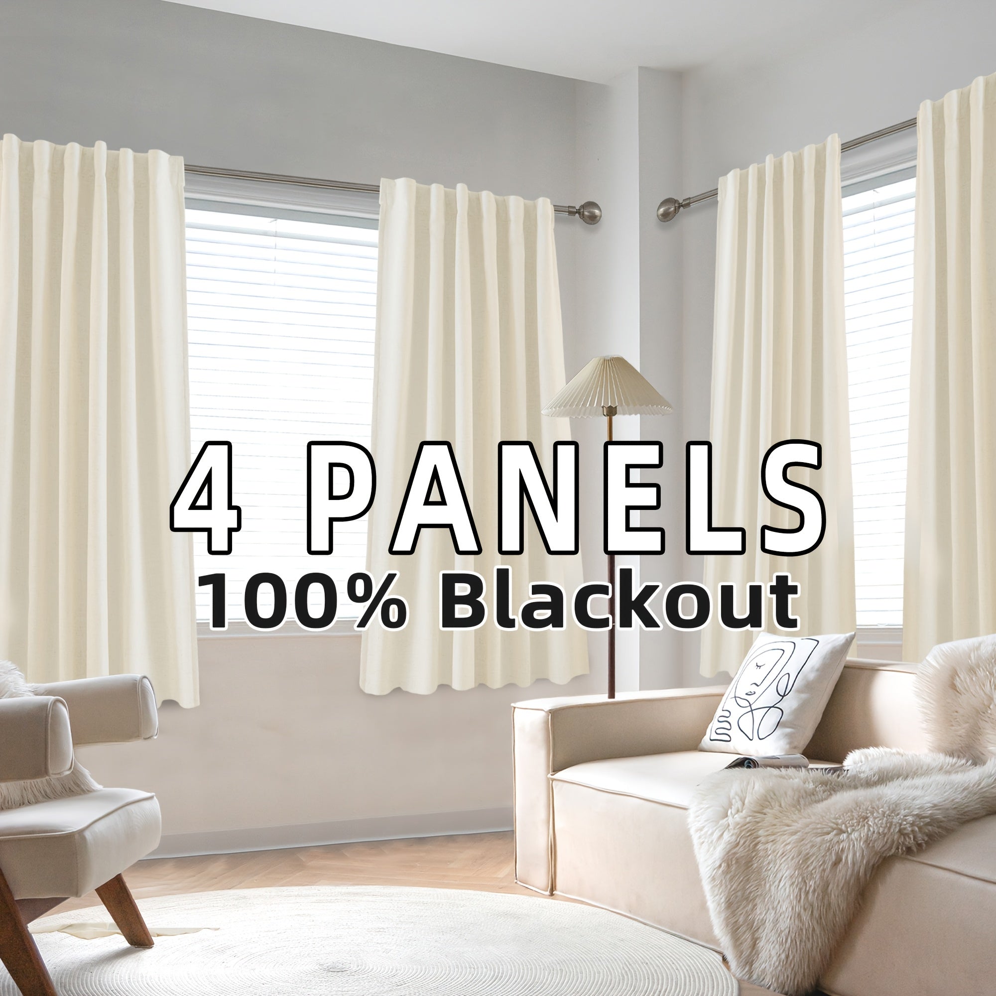 4 Panels 100% Blackout Linen Curtains for Bedroom Farmhouse Thermal Insulated Rod Pocket Back Tab Full Light Blocking for Living Room