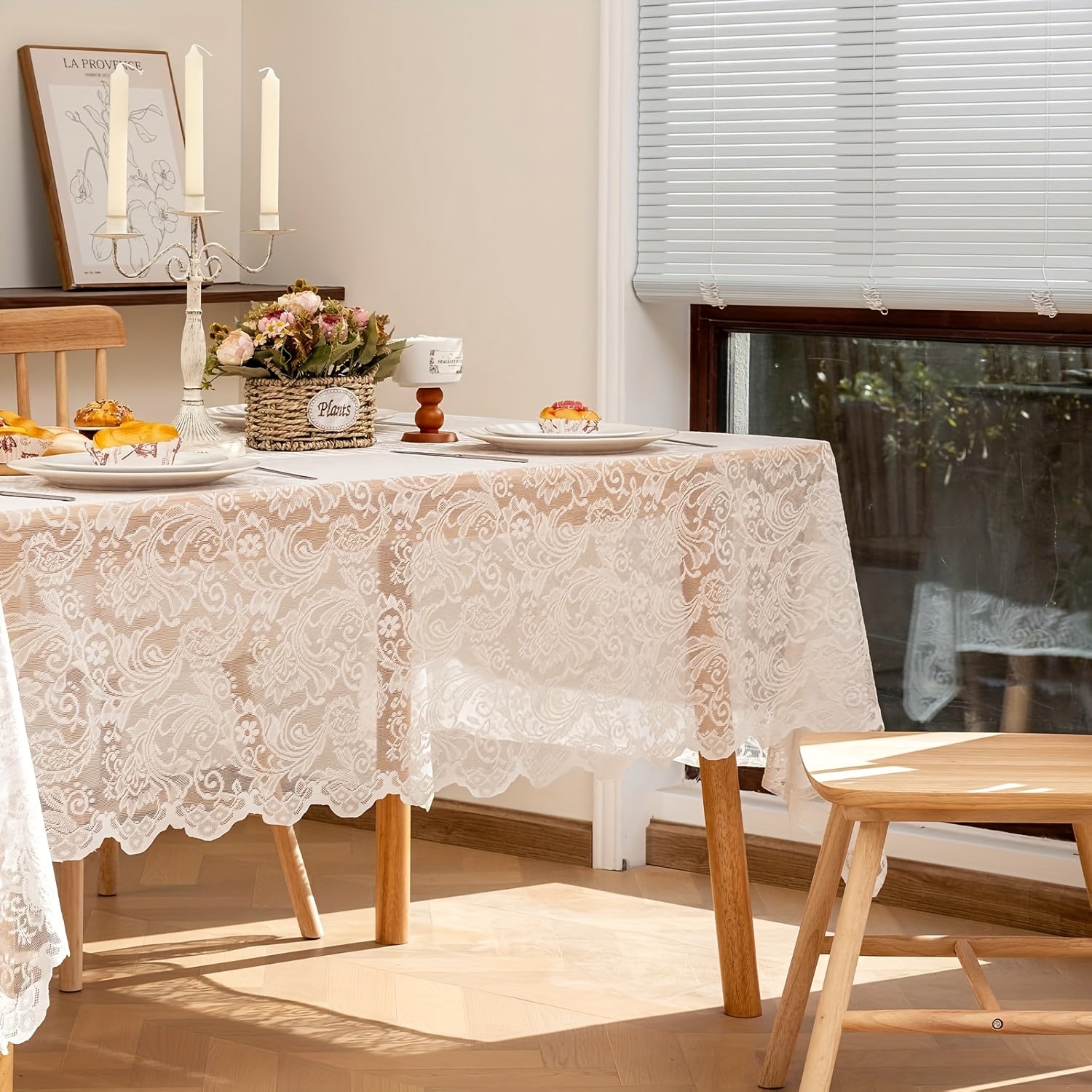 Elegant White Lace Tablecloth with Intricate Phoenix Tail Flower Embroidery - Perfect for Weddings, Receptions, Dinners, and Home Decor - Polyester, Rectangular, Machine-Made, Holiday Table Setting|Floral Lace Design|Polyester Fabric