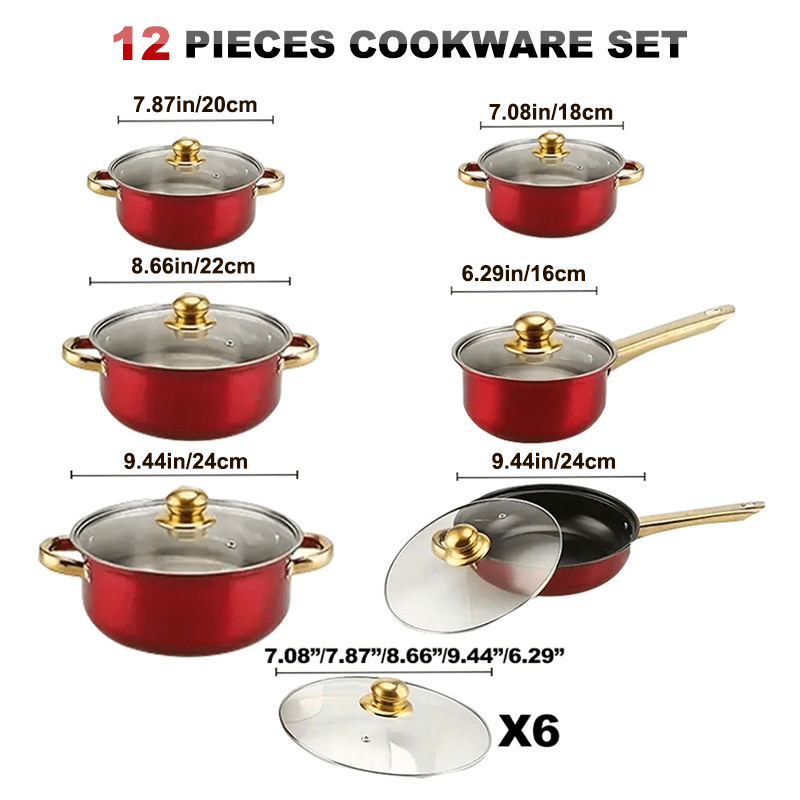 12pcs Red Pot Set, Thin-Gauge Stainless Steel, Non-Stick Pan, Kitchen Cookware Set, Non-Stick Cooking Set, A Variety of Pots to Meet All Kitchen Needs, The Most Beautiful And Practical Gift for Mothers