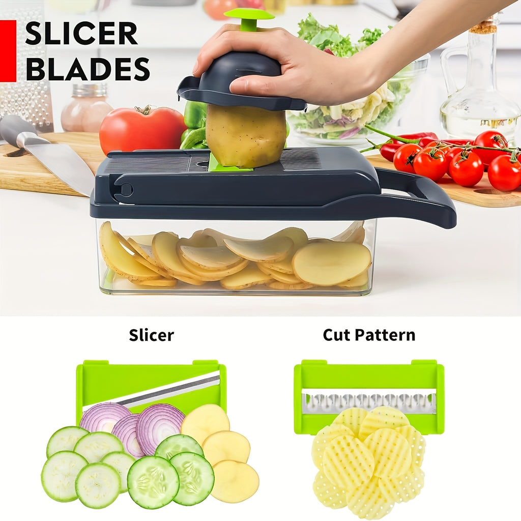 16-in-1 Vegetable Chopper with 8 Blades & Container - Professional Onion Dicer, Multifunctional Kitchen Slicer for Effortless Food Prep