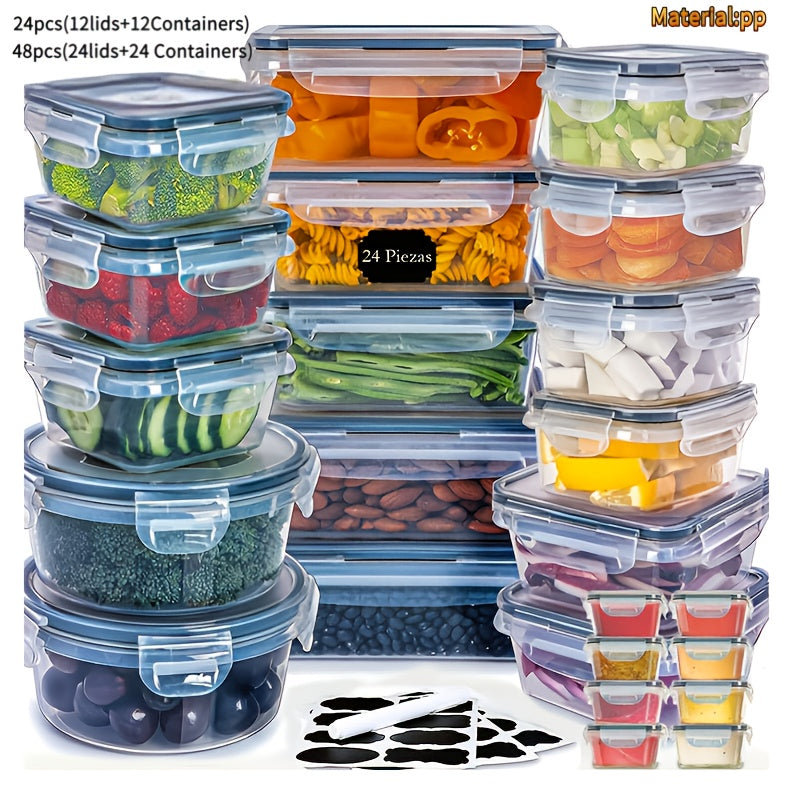 48pcs(Including 24 Lids And 24 Containers) Large Capacity Airtight Food Storage Container Set with Buckle Lids, Includes Marker And Stickers, Stackable Plastic Meal Prep Lunch Boxes for Kitchen, Picnic, Party