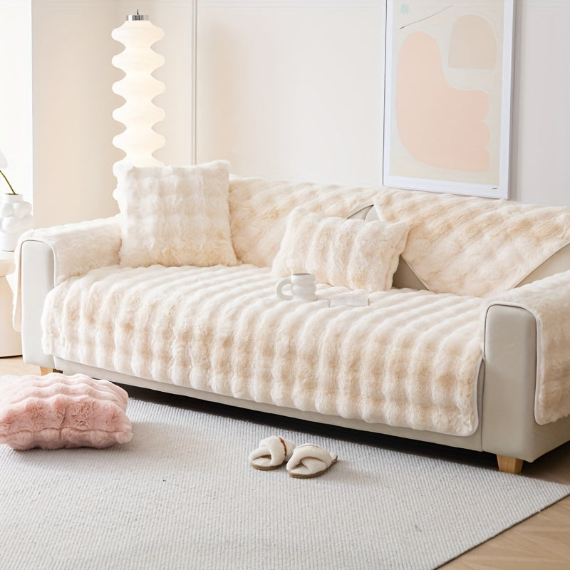 1pc Faux Rabbit Plush Sofa Cover - Winter Warm Thickened Soft Pet-Friendly Anti-Slip Furniture Protection Cover for Bedroom, Office, Living Room