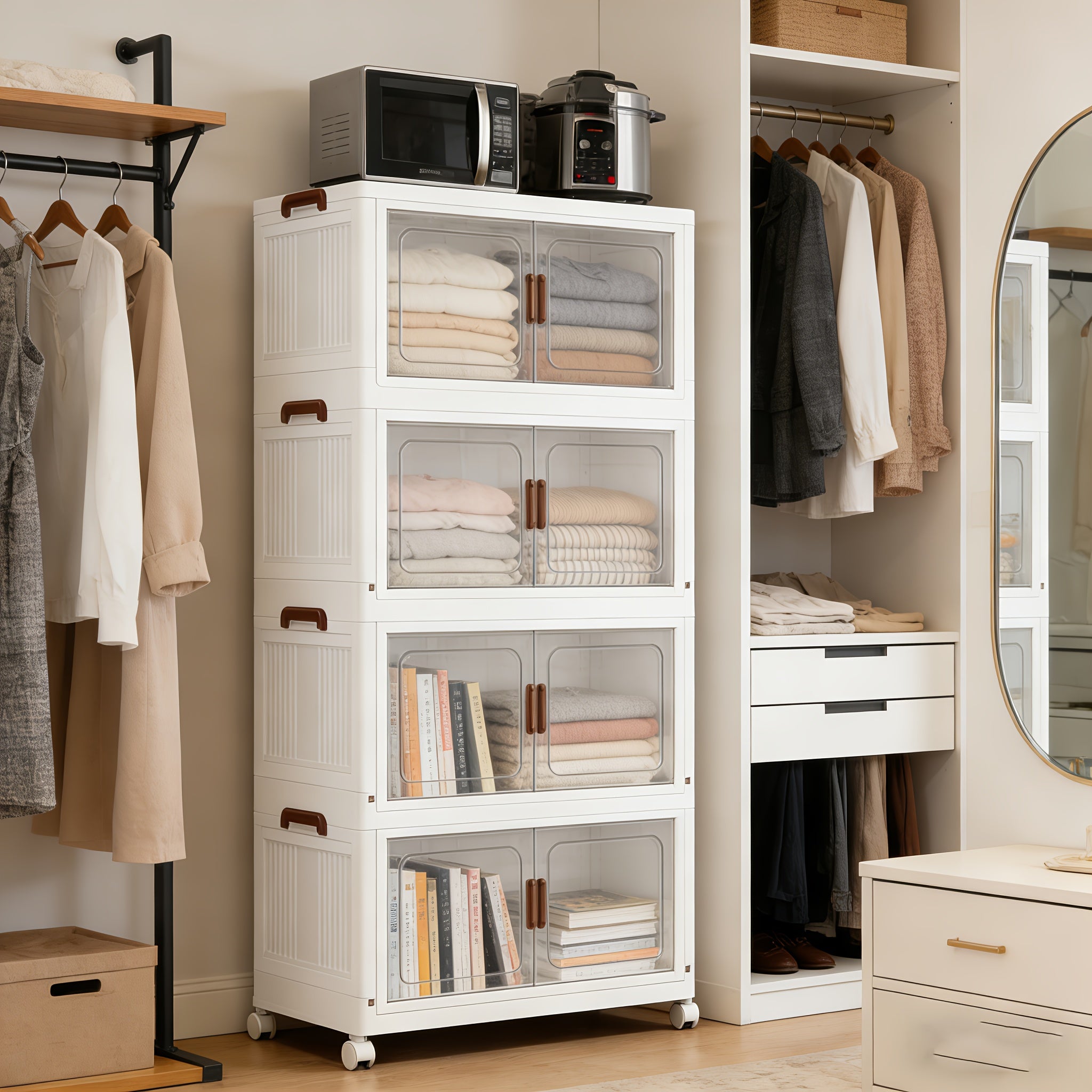 1/2/3/4/5 Layers Collapsible Lockers, Plastic Clutter Storage Boxes with Doors And Wheels, Stackable Large Capacity Home Organization for Bedrooms, Living Rooms Kitchens, Easy to Assemble And Space Saving Design Home Storage And Sorting Box