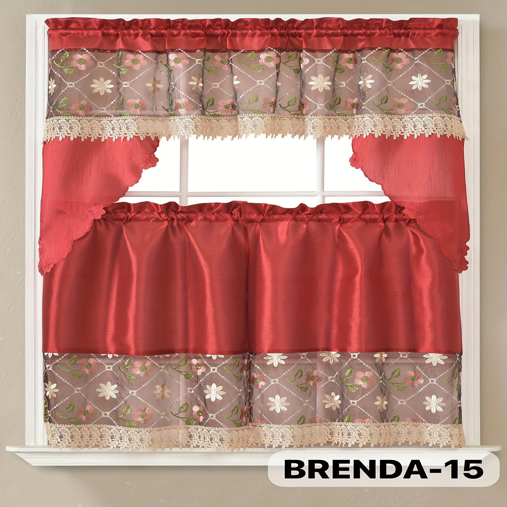 3pcs Embroidery Kitchen Curtains Set Flowers Embroidery Satin Fabric Faux Lightweight Soft Easy Care Machine Washable 49 Design Styles Available Holiday Gifts for Family Local Warehouse All Season Use Summer