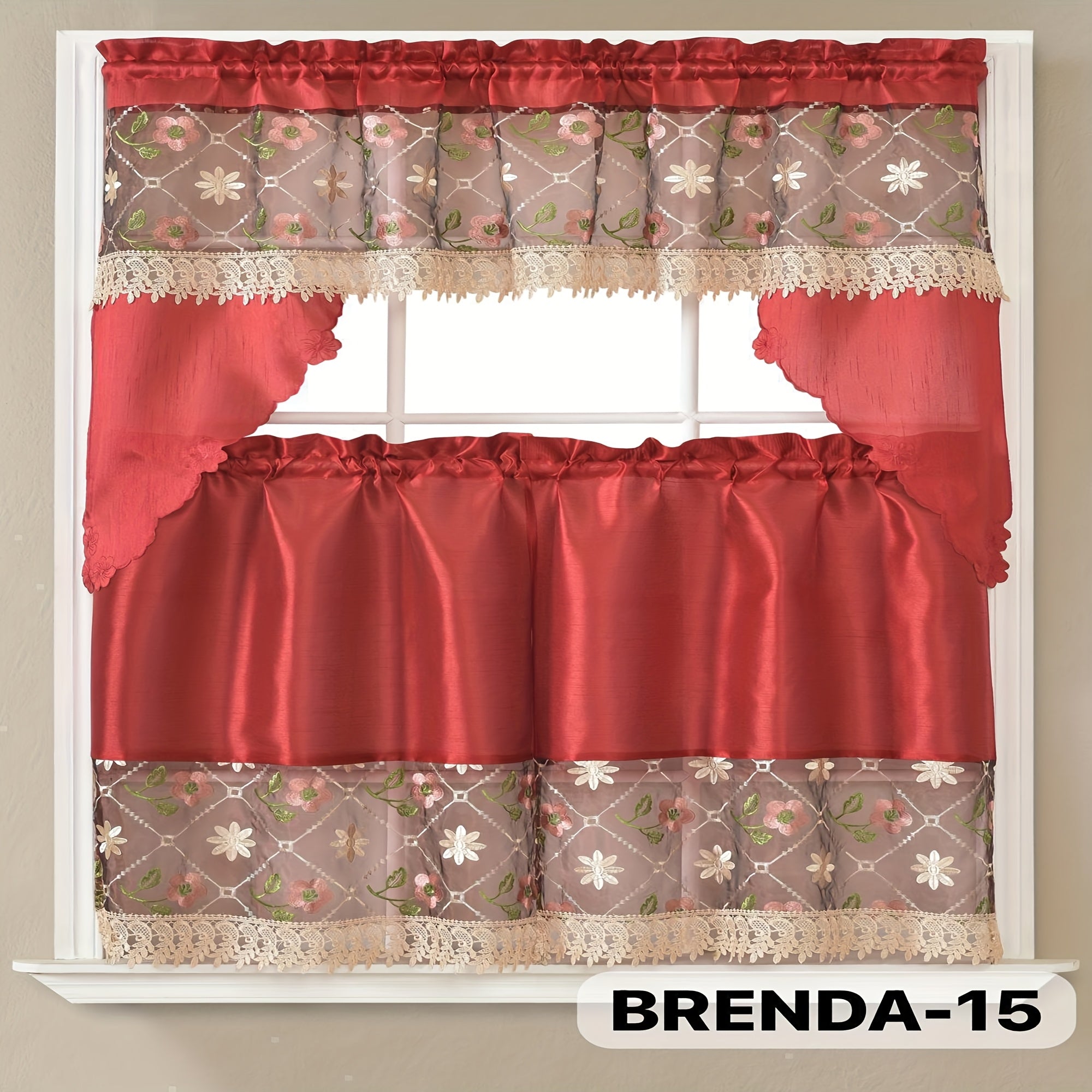 3pcs Embroidery Kitchen Curtains Set Flowers Embroidery Satin Fabric Faux Lightweight Soft Easy Care Machine Washable 49 Design Styles Available Holiday Gifts for Family Local Warehouse All Season Use Summer