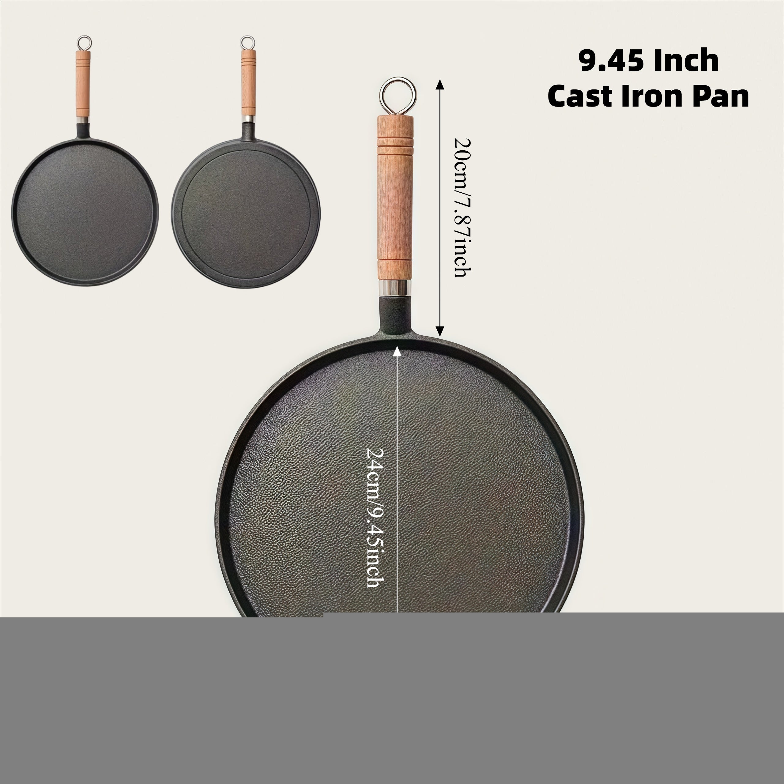 3 Sizes Cast Iron Skillet with Handle, 8.27/ 9.45/ 10.63 Inch Flat Pan for Pancakes, Ideal for Eggs and Crepes, Durable and Non-Stick Cookware for Induction, Gas, Campfire, Ideal for Breakfast, Grilling, Camping, Outdoor Cooking
