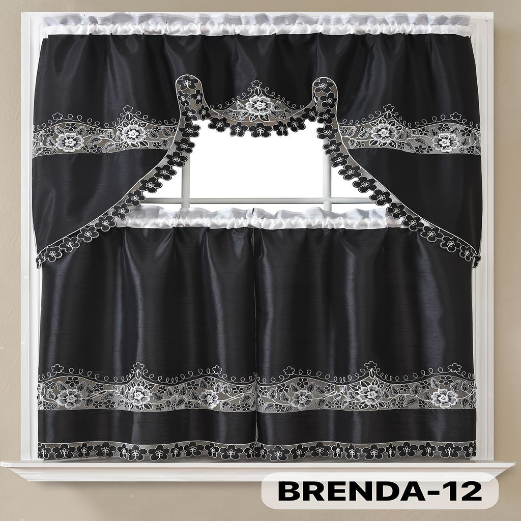 3pcs Embroidery Kitchen Curtains Set Flowers Embroidery Satin Fabric Faux Lightweight Soft Easy Care Machine Washable 49 Design Styles Available Holiday Gifts for Family Local Warehouse All Season Use Summer