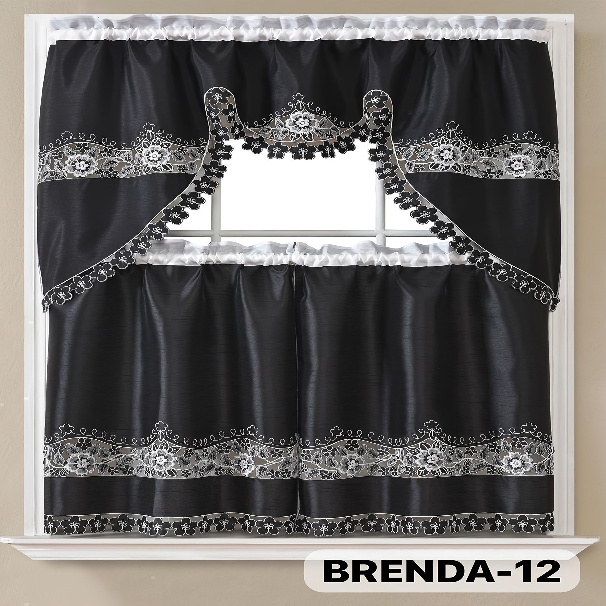 3pcs Embroidery Kitchen Curtains Set Flowers Embroidery Satin Fabric Faux Lightweight Soft Easy Care Machine Washable 49 Design Styles Available Holiday Gifts for Family Local Warehouse All Season Use Summer