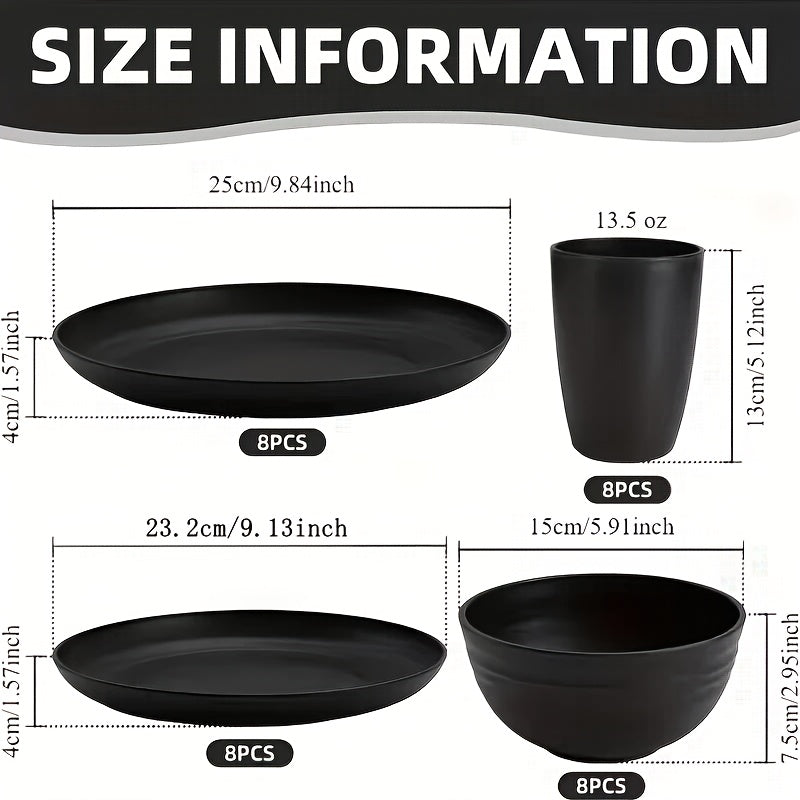 Brczuo 16/32pcs Kitchen Plastic Wheat Straw Tableware Set, 4/8 People, Plates, Dessert Plates, Cereal Bowls, Cups, Unbreakable Black Plastic Outdoor Camping Tableware, Kitchen Accessories, Black Wheat Straw Tableware, Halloween, Weddings
