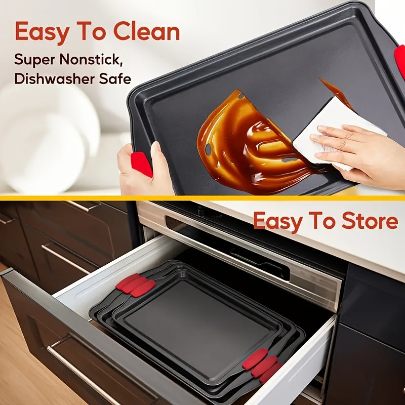 3pcs Carbon Steel Non-Stick Oven Bakeware Set with Red Silicone Handles Commercial-Grade