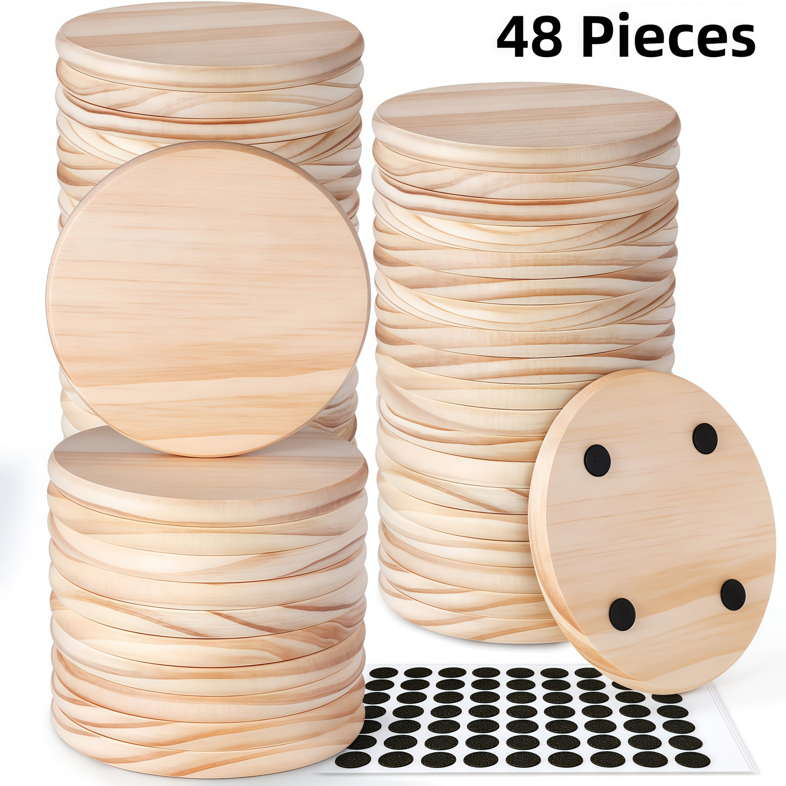 24/48/96pieces Unfinished Wood Coaster Blanks(4 Inch Square & Round) With Non-Slip Foam Stickers - DIY Craft Supplies For Painting, Engraving, Burning & Decor - Ideal Handmade Gifts & Home Decor For Christmas Halloween Easter, Mother'S Day Craft Gift