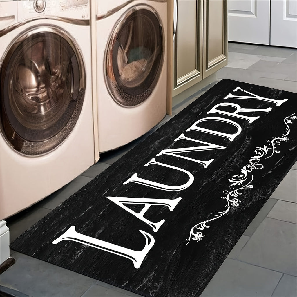 1pc Black & White "LAUNDRY" Text Mat - High Quality Non-Slip Machine-Washable Mat, Soft Comfortable Floor Mat with Bold Lettering for Laundry Room, Bathroom, Kitchen, Hallway - Durable Polyester Mat for Home Organization & Modern Decor, Bathroom Mat, Kitc
