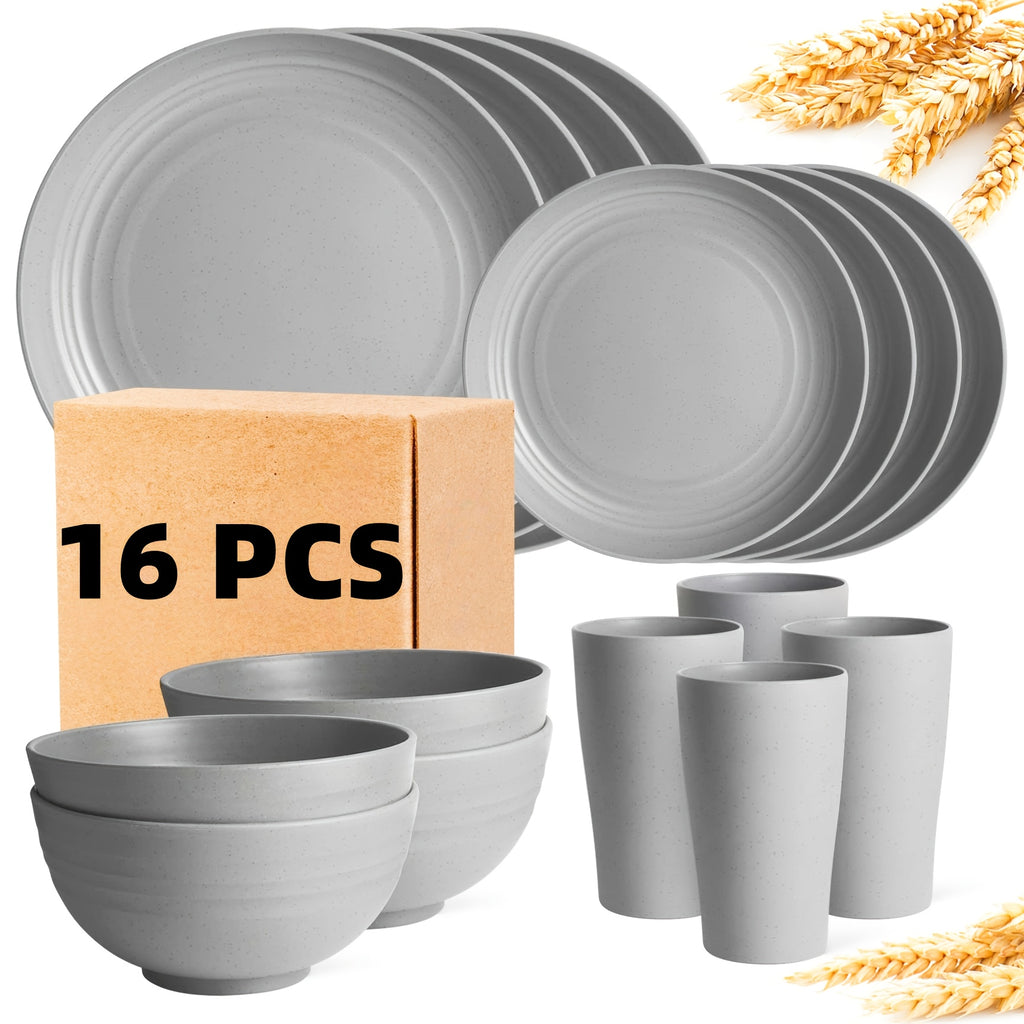 16pcs/32pcs Kitchen Wheat Straw Large Size Dinnerware Set, for 4/8, Unbreakable Modern Dish Set Dinner Plate/Dessert Plate/Cereal Bowl/Cup, Dishwasher Safe, Lightweight Tableware, Camping And Everyday Use, Gifts for Men/Women/Christmas/Halloween