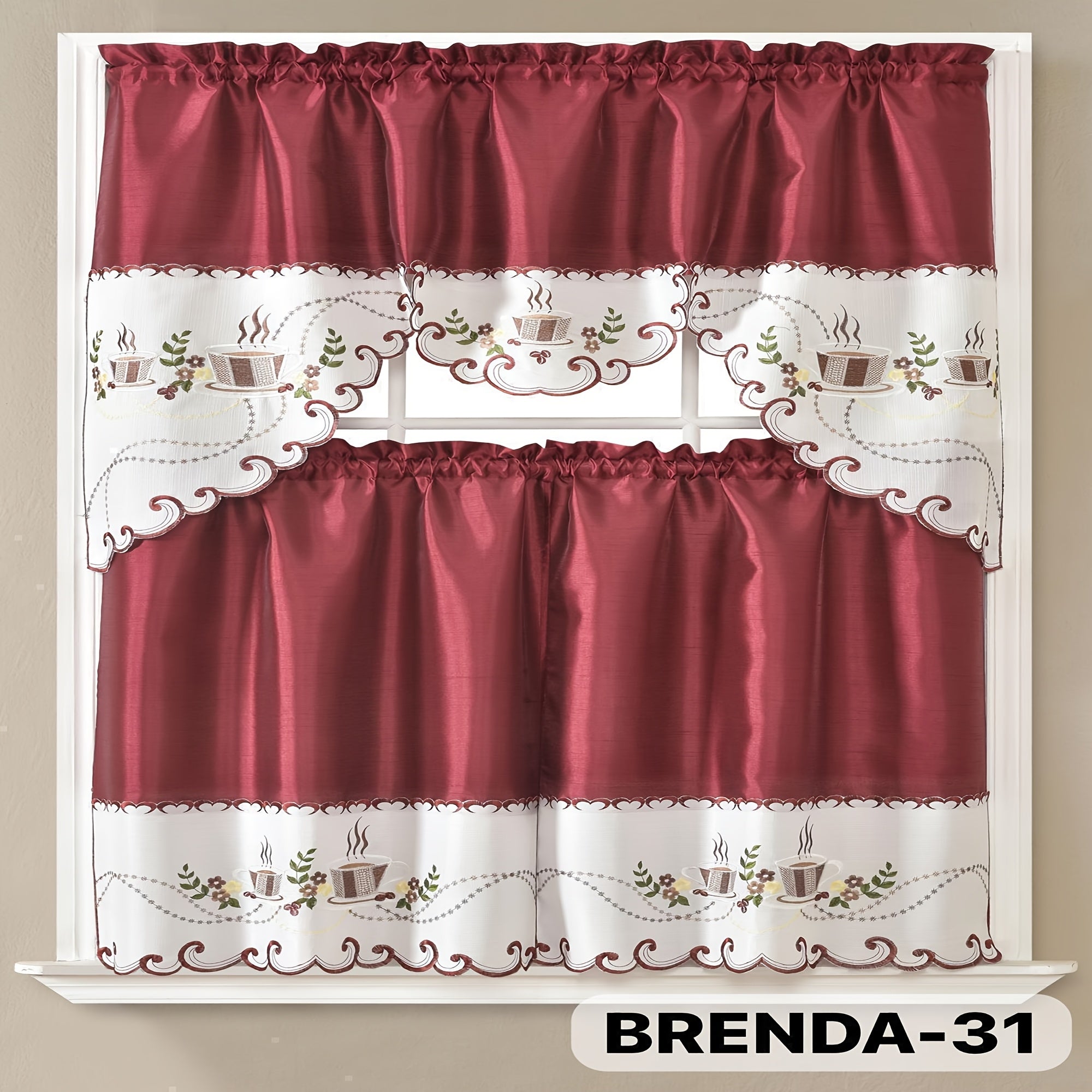 3pcs Embroidery Kitchen Curtains Set Flowers Embroidery Satin Fabric Faux Lightweight Soft Easy Care Machine Washable 49 Design Styles Available Holiday Gifts for Family Local Warehouse All Season Use Summer