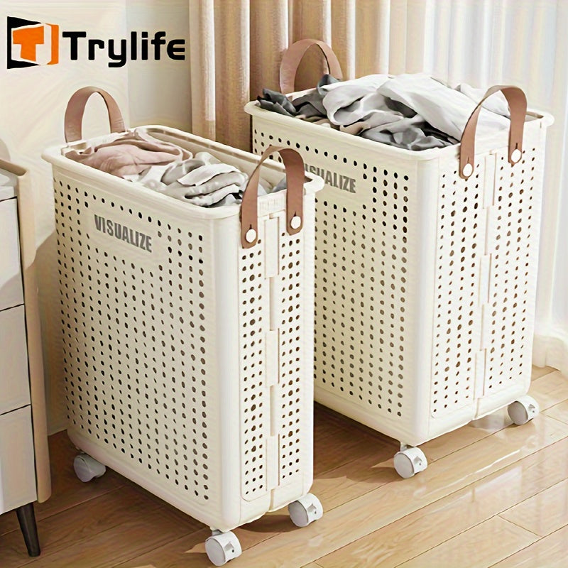 Extra Large Foldable Laundry Basket With Wheels, Breathable Plastic Rolling Laundry Hamper With Faux Leather Handles, Space-Saving Clothes Storage Bin For Bathroom & Bedroom, Laundry Baskets