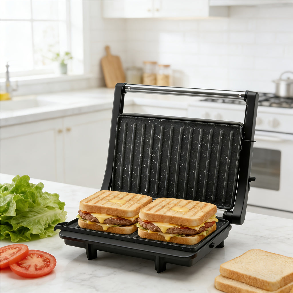 3-in-1 Electric Indoor Grill - Panini Press With Non-Stick Cooking Plates, Opens 180-Degree Gourmet Sandwich Maker, Floating Hinge Fits All Foods, Panini Press Grill With Grease Tray