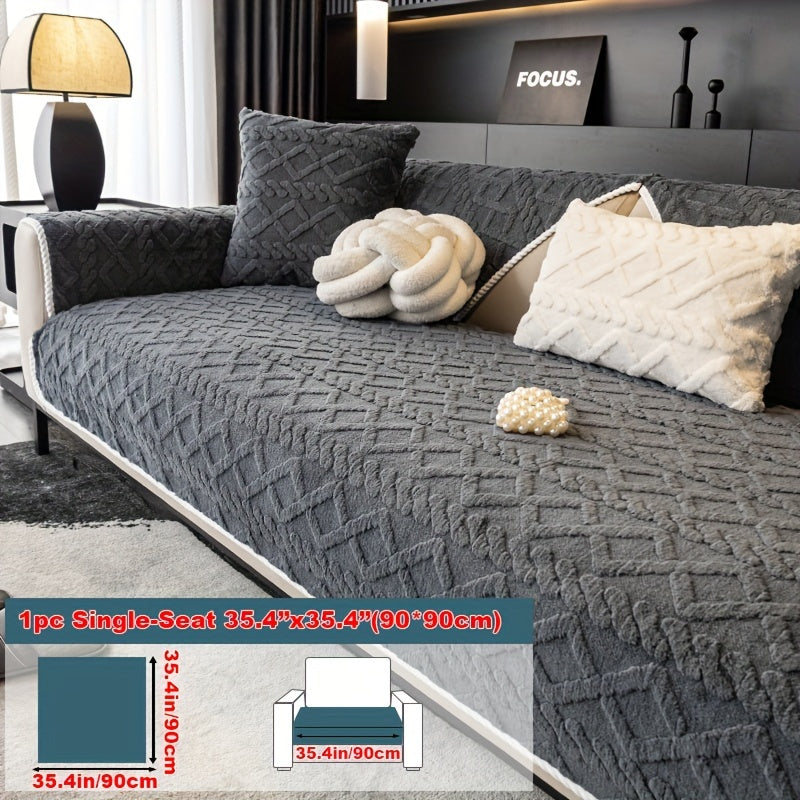 1pc Plush Sofa Mat, Polyester Shu Velveteen Jacquard Knit Fabric Couch Cover, 200-250 g/㎡, Separate Seating Modern Style, Machine Washable Anti-Slip Protection, for Bedroom Office Living Room Home Decoration