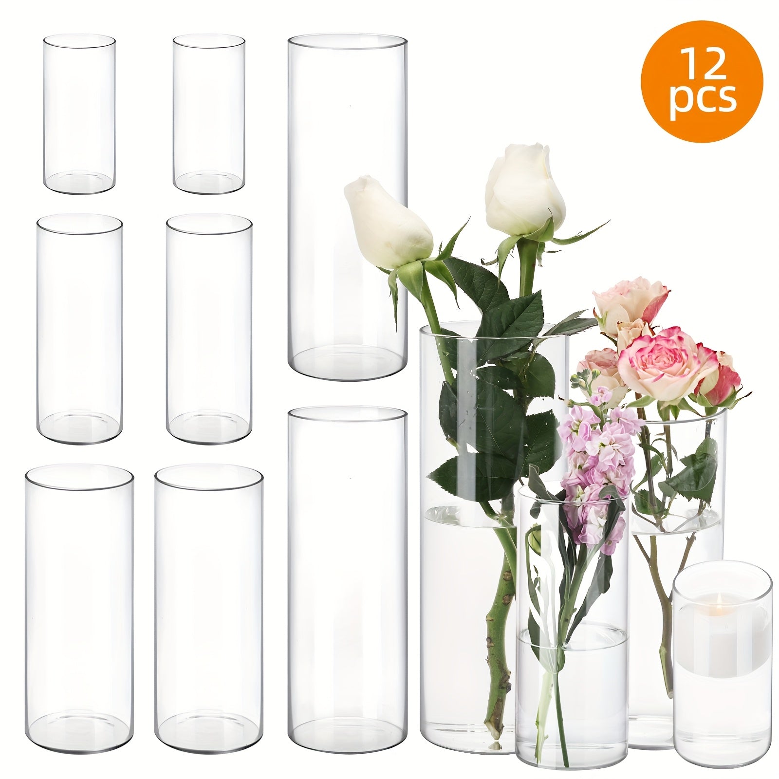 TOMNK 12/16/24/36/48pcs Clear Glass Candle Holder Cylinders Vases, 4, 6, 8, 10 Inch Tall Cylinder Vases for Candles, Glass Candle Vase, Hurricane Floating Candle Holder Vase for Table Shelf, Party, Wedding, Home Decor