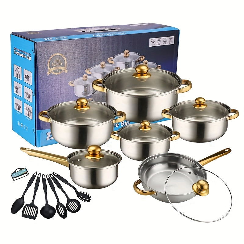 12pcs Thin-Gauge Stainless Steel Cookware Set - Induction Cooker Cooking, Large Pot, Cheese Pot, Dual Handle with Lid, Suitable for Soup, Hot Pot, Pasta, Seafood Soup, Rice Cookware