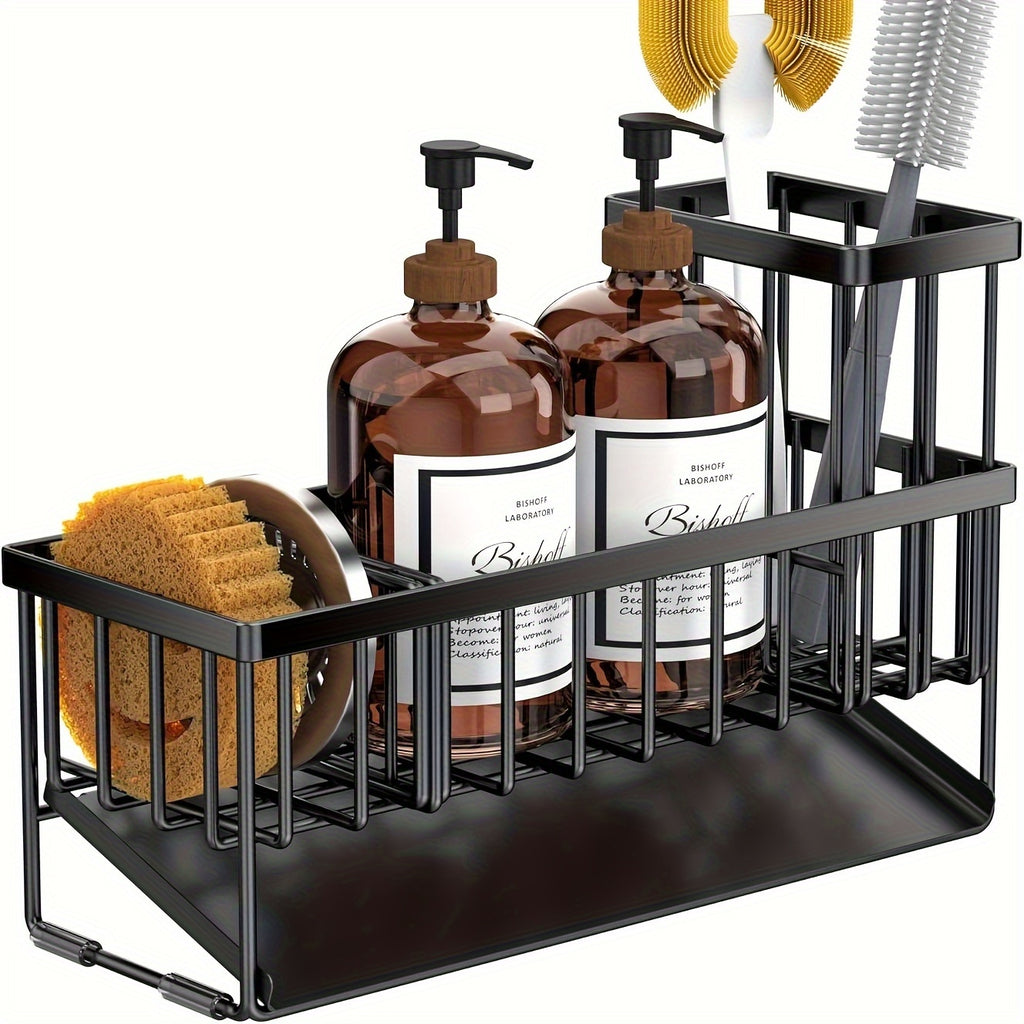Durable Stainless Steel Kitchen Sink Organizer with Drain Tray - Heavy Duty 304 Rust-Proof Black Sink Storage Basket, Versatile Sponge And Brush Holder, Space-Saving Dish Rack Accessory for Sink And Countertop Without Dishwasher
