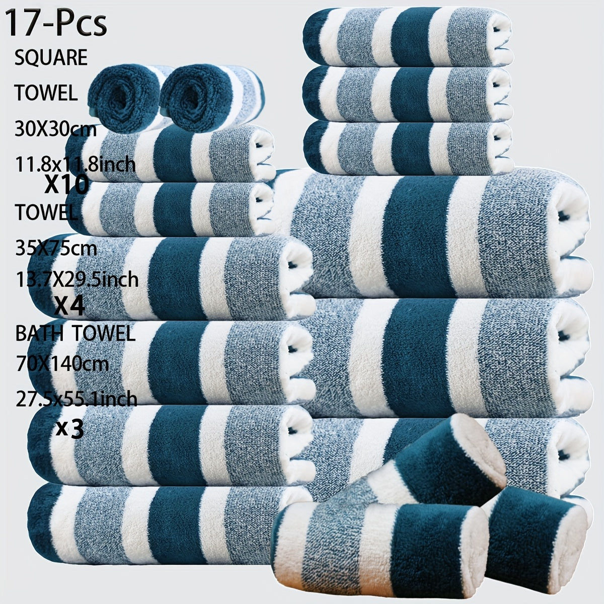 17pcs Luxury Bath Towels Set - Quick-Dry Highly Absorbent Plush Soft Coral Fleece-like Texture, Multi-Size Family Bathroom Towels with Hanging Loops (11.81x11.81inch, 27.56x55.12inch) for Home, Hotel & Spa - Navy & Striped Design, Durable & Space-Saving S