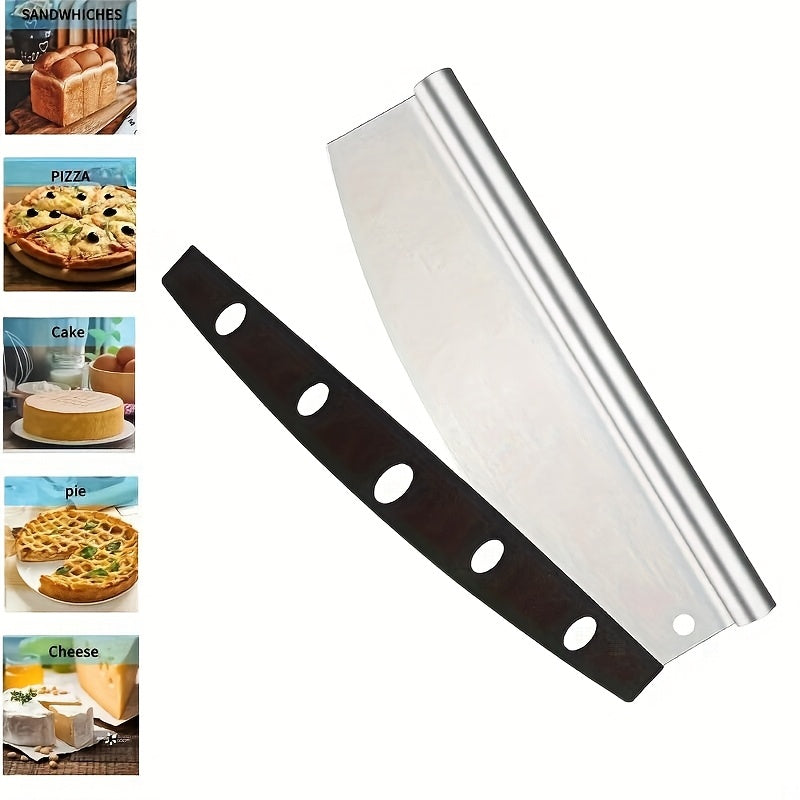 Stainless Steel Pizza Cutter - Half Moon Curved Blade for Effortless Slicing Cheese, Cake & Dough | Includes Knife Cover | Professional Baking Tool