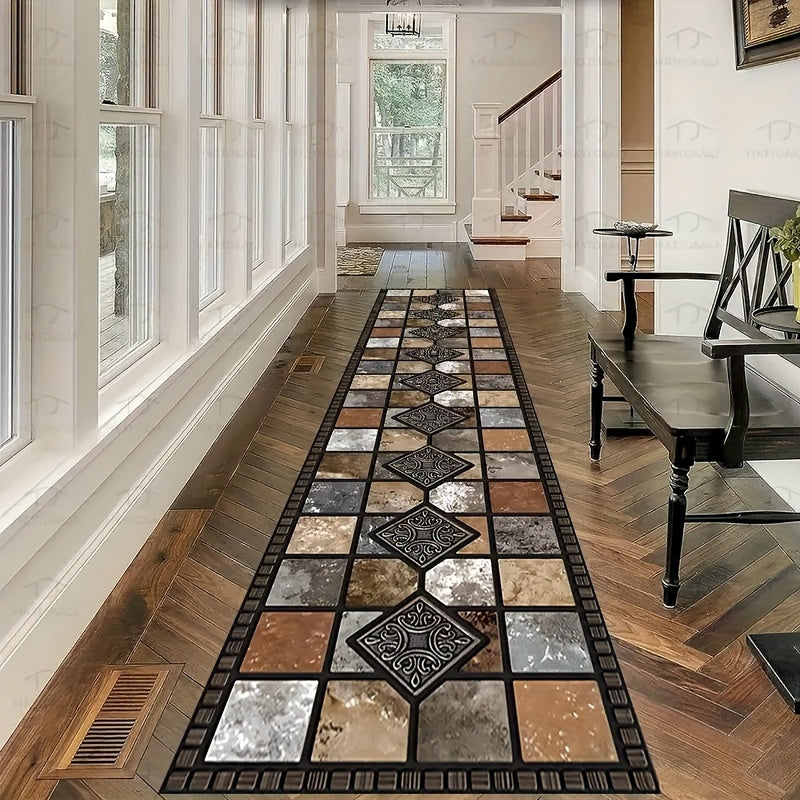 1pc Luxury Crystal Velvet Non-Slip Kitchen Pad-White, Beige And Brown Elegant Marble Pattern, Machine Washable Polyester Mat, Suitable for Kitchen, Bathroom, Bedroom And Corridor Decoration, Kitchen Carpet