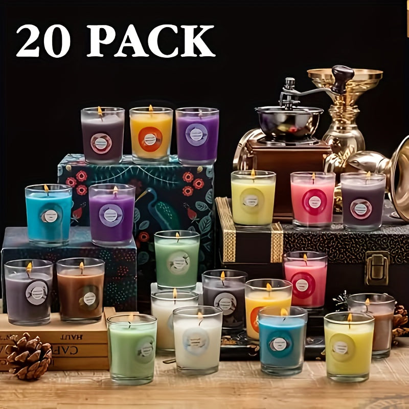 20 Pack Strong Scented Soy Wax Candles in Glass Jars - 10 Aromas (Lavender, Vanilla, Jasmine) with Decorative Dried Flower Labels, Individually Wrapped Gift Set for, Birthdays, Christmas, Valentine’s Day, Weddings & Decor (Rain