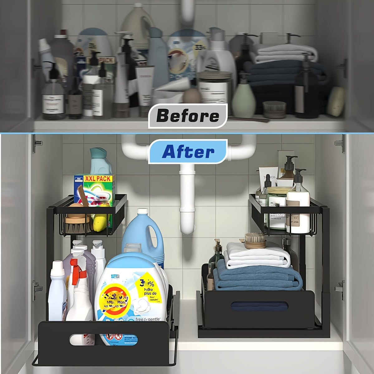 Two-Tier Under-Sink Organizer Featuring a Sliding Drawer, Metal Pull-Out Storage Rack for Kitchen, Bathroom, Or Closet, Designed for Space Efficiency And Easy Access