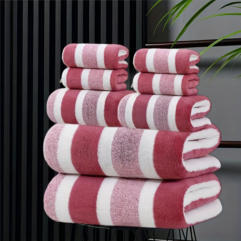 8pcs Set, Lint-Free, Super Absorbent, Ultra-Soft Two-Tone Striped Bath Towel Set, Including 2pcs Large Bath Towels, 2pcs Large Face Towels, And 4pcs Hand Towels