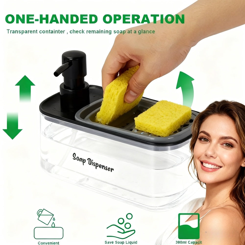 1pc Multi-Function Soap Dispenser with Built-In Sponge Holder - Leak-Proof Battery-Free Pump, Space-Saving Hygienic Hands-Free Design for Kitchen & Bathroom Countertop Organizer - Durable Rectangular Soap Dispensers for or Gift
