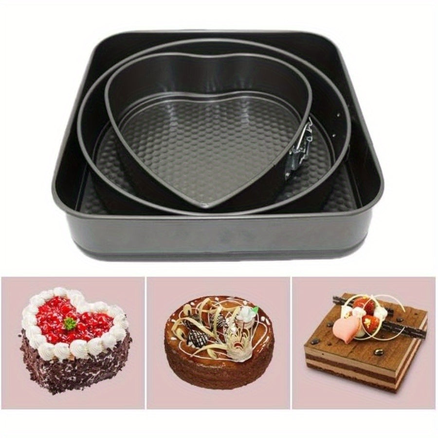6-Piece Carbon Steel Cake Pan Set with Removable Bottom - 3 Shapes (Square, Round, Heart) for Chiffon, Mousse, Cheesecakes - Perfect for Wedding & Birthday Baking