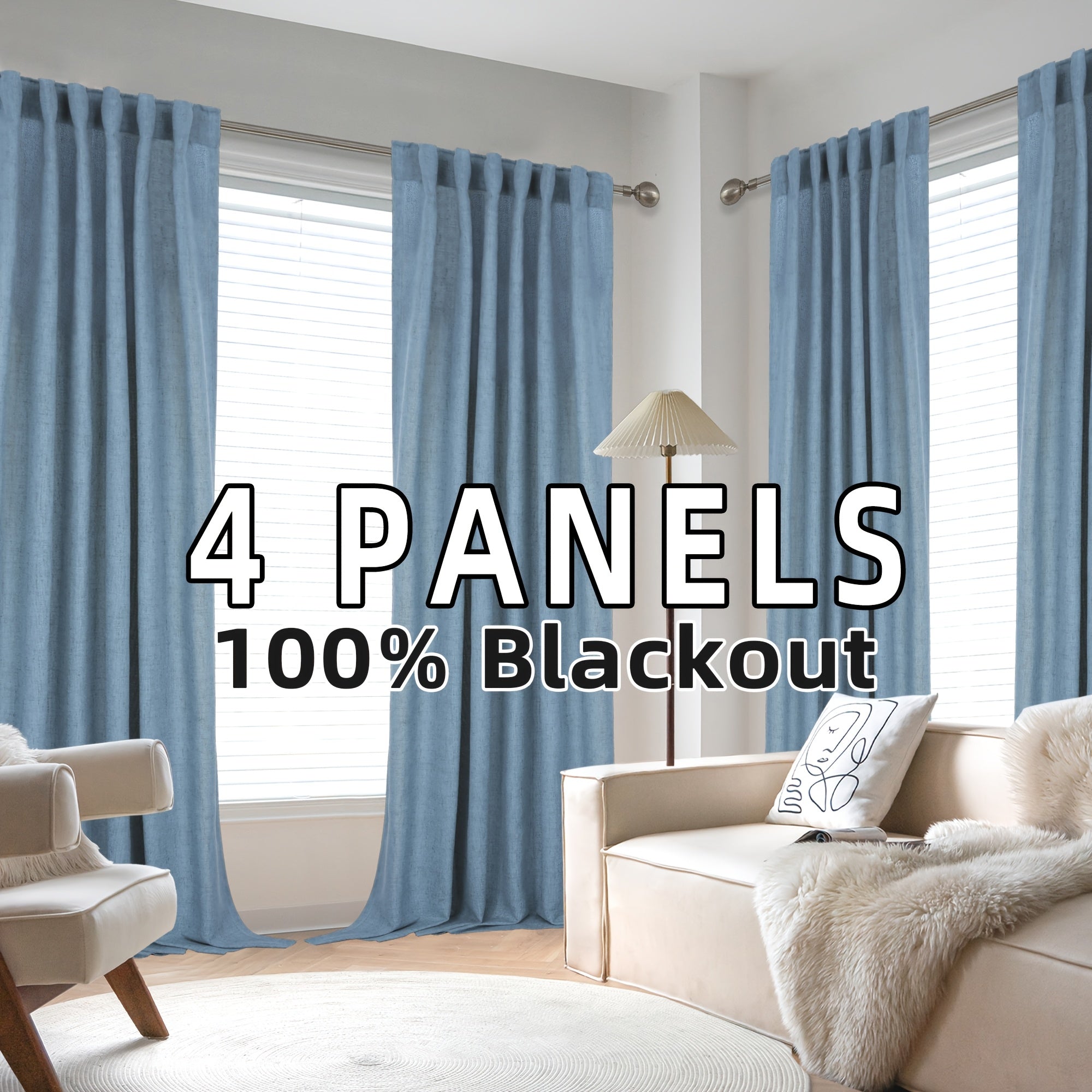 4 Panels 100% Blackout Linen Curtains for Bedroom Farmhouse Thermal Insulated Rod Pocket Back Tab Full Light Blocking for Living Room