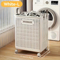 Extra Large Foldable Laundry Basket With Wheels, Breathable Plastic Rolling Laundry Hamper With Faux Leather Handles, Space-Saving Clothes Storage Bin For Bathroom & Bedroom, Laundry Baskets