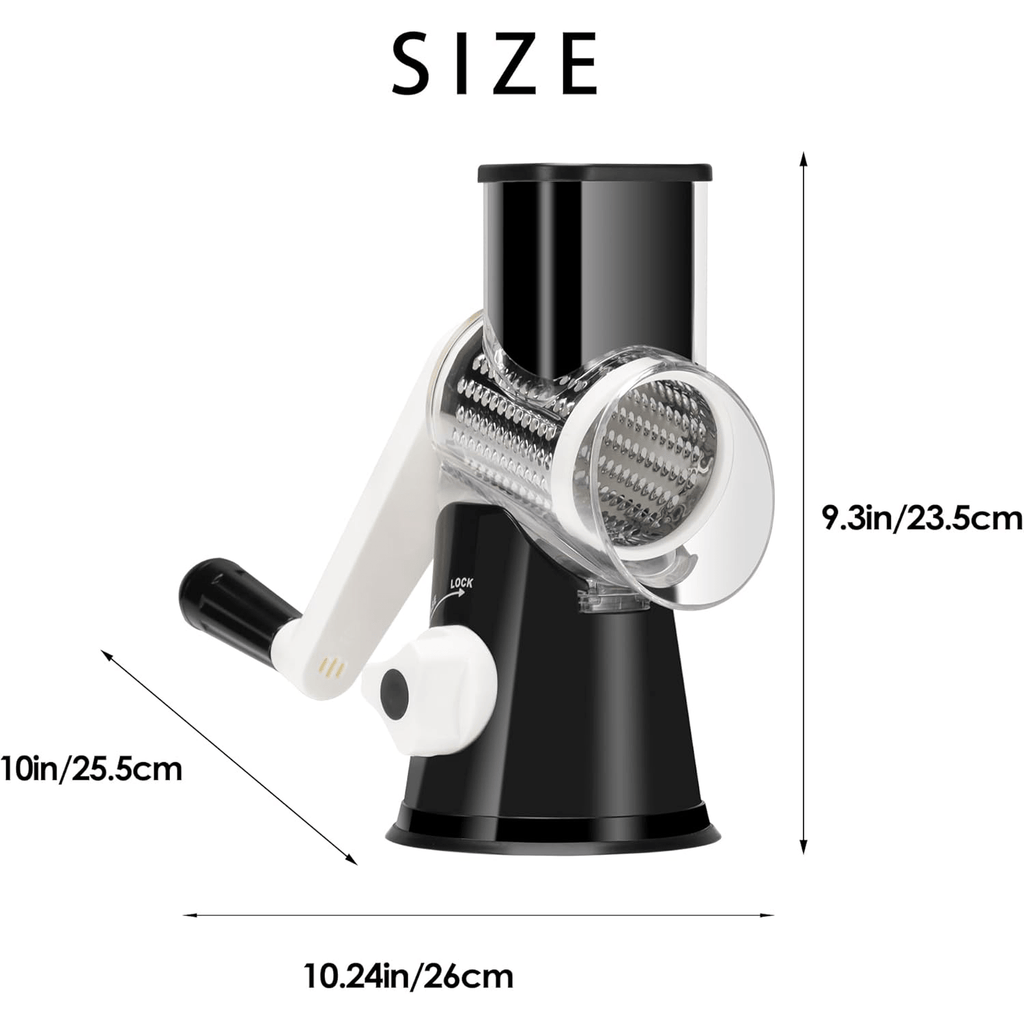 Hand-Cranked Rotary Cheese Grater for Shredding Fresh Cheese, Vegetables, And Nuts, Featuring a Non-Slip Suction Base And a Complimentary Cleaning Brush with Three Blades.