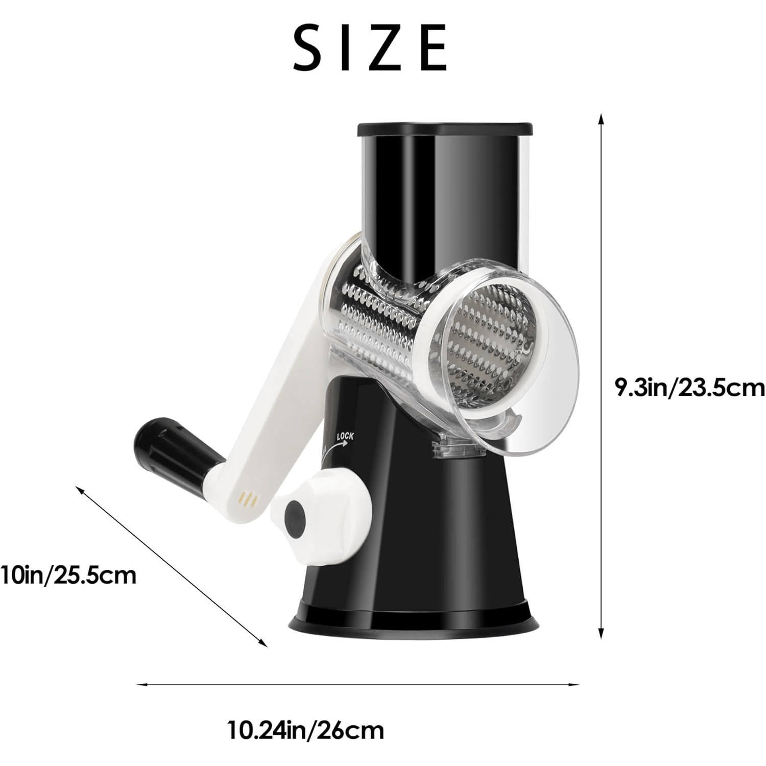 Hand-Cranked Rotary Cheese Grater for Shredding Fresh Cheese, Vegetables, And Nuts, Featuring a Non-Slip Suction Base And a Complimentary Cleaning Brush with Three Blades.