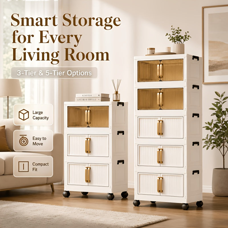 Large Capacity 19-inch Wide Multi-functional 3/5-layer Folding Storage Organizer with Wheels - Magnetic Double Door Design Suitable for Kitchen Storage Of Clothes,, Books, Etc. - Perfect Storage for Living Room, Bedroom, And Office - Storage Box