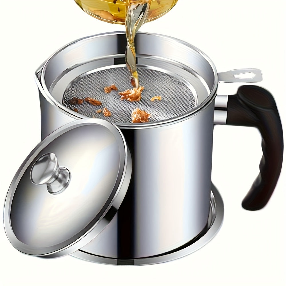 Stainless Steel Kitchen Grease Container with Strainer - Easy Pour Handle, Great for Storing Cooking Oils and Fats, Essential Kitchen Accessories, Kitchen Grease Jar