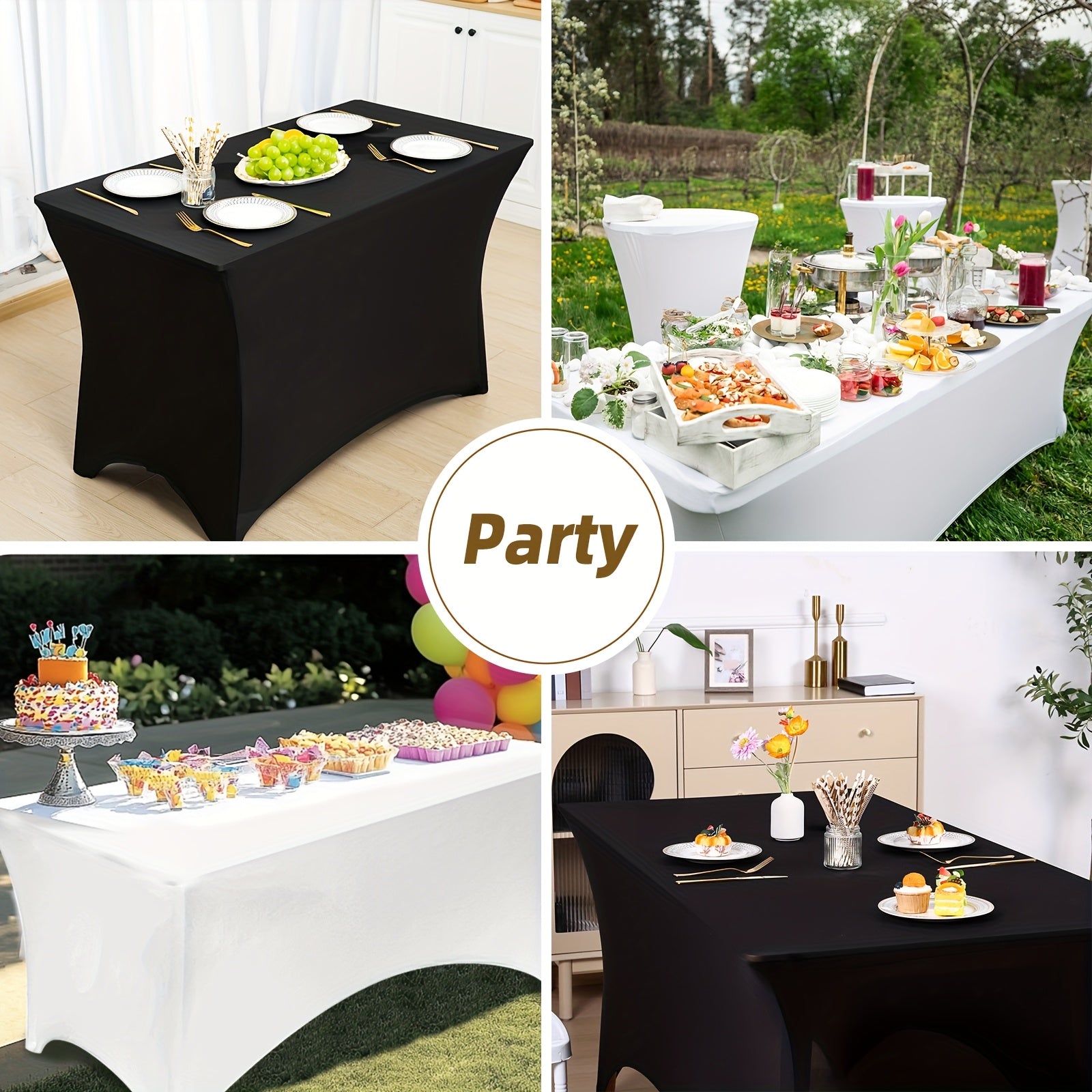 TOMNK 2pcs/3pcs Stretch Spandex Tablecloth, Rectangular, 4ft/6ft/8ft, Black/White, Wrinkle-Resistant Material, Suitable for Wedding Banquets, Trade Shows, Bridal Showers, Graduation Parties, Mother's Day Decorations, and Other Occasions