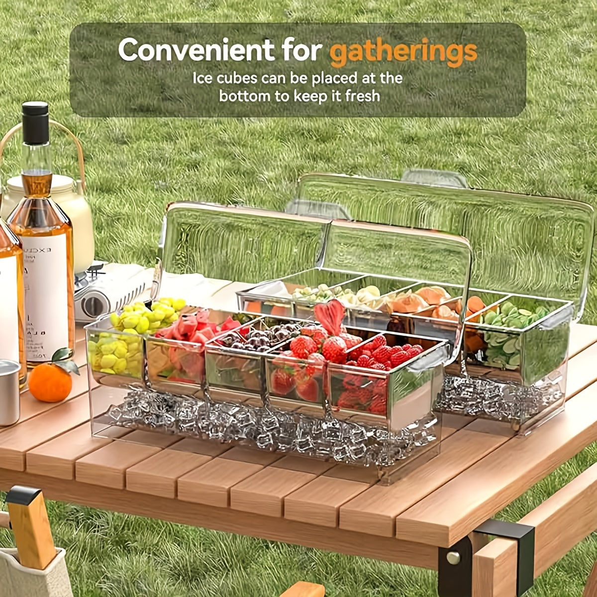 1pc Portable Chilled Fruit Storage Box, Equipped with 5 Forks And 2 Pliers, Salad Storage Box, Suitable for Entertainment Parties with Lid, Bar Decoration Rack, Detachable Box with 5 Compartments, Fruit Trays for Serving