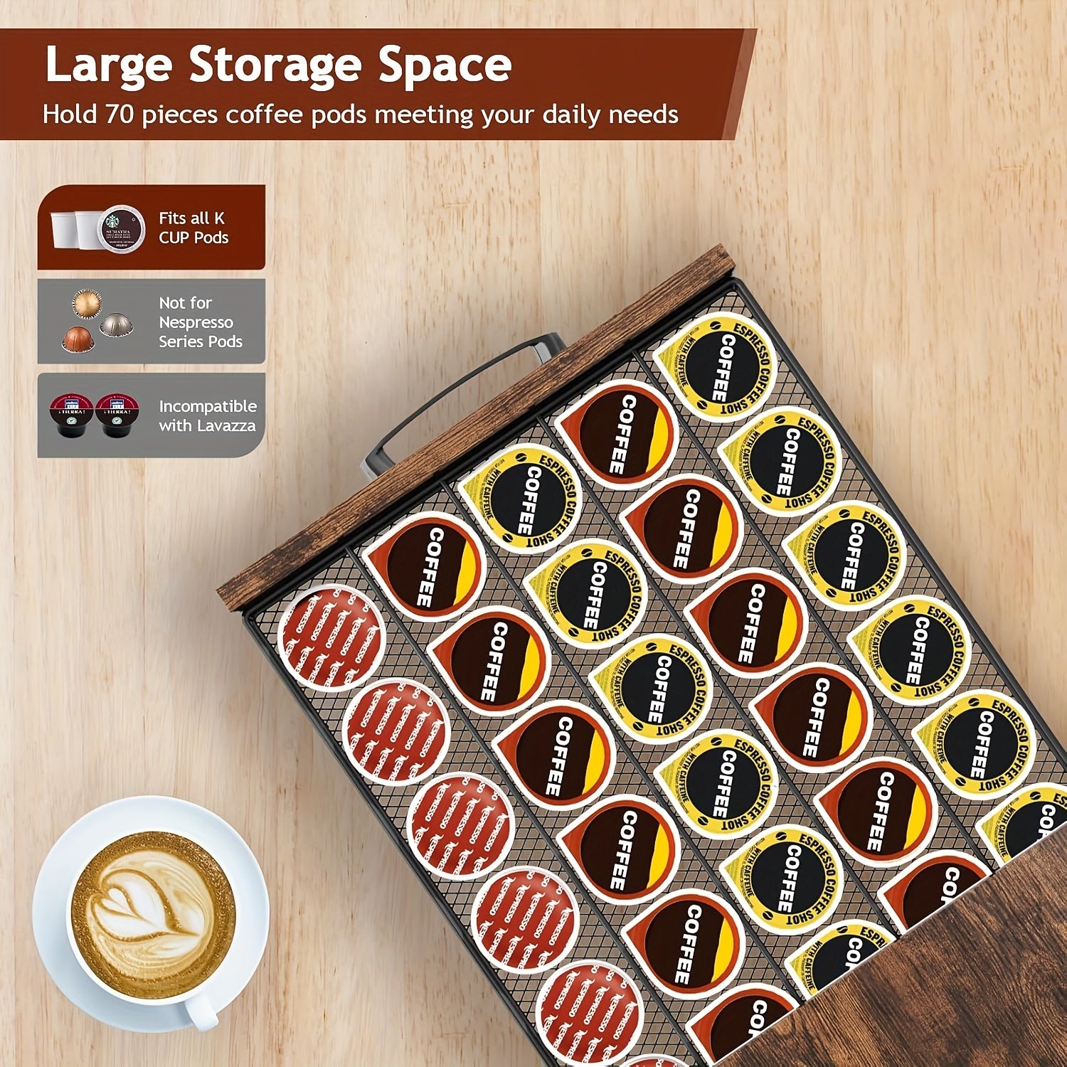 Double Layer Coffee Capsule Storage Rack And Mug Holder, Coffee Machine Stand, K Cup Holder Drawer - Coffee Bean Pod Organizer, 70 Capacity Bean Pod Holder, Home Kitchen Countertop Organizer, Rustic Brown