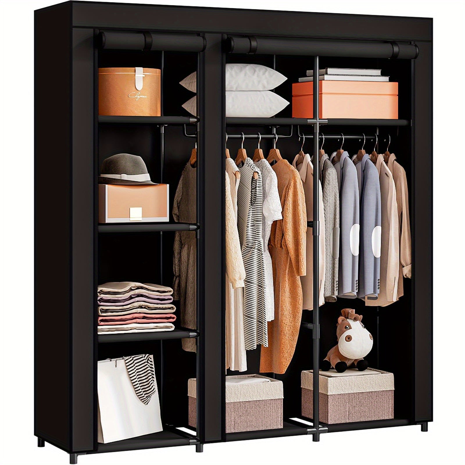 Portable Wardrobe Closet Storage Organizer Metal Hanging Rack Non-Woven Fabric 51 Inch, Portable Closets