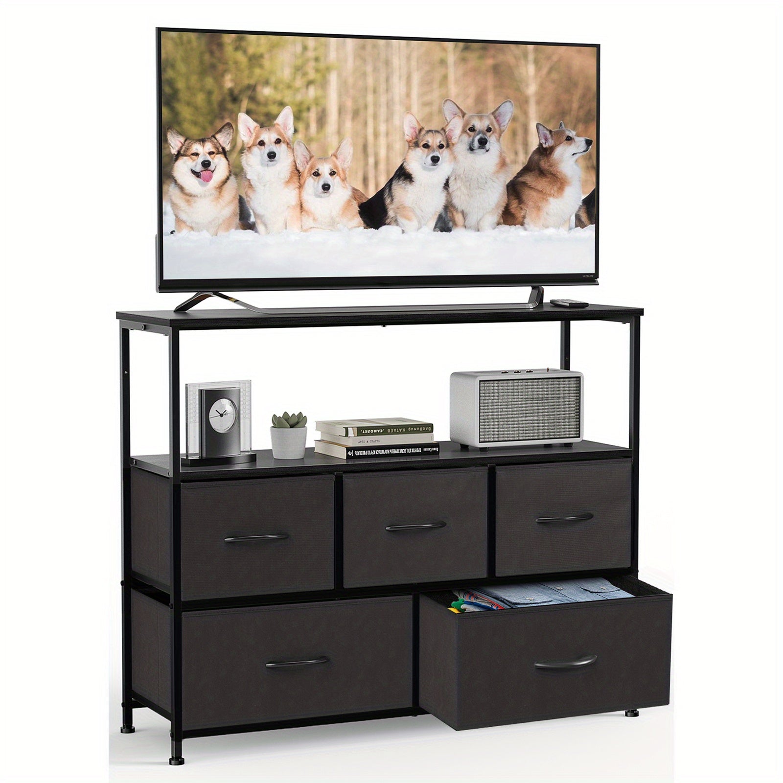 5-Drawer Cabinet Tower, Father'S Day Gift, TV Stand for Bedroom, TV Dresser for 45 Inches, Media Console Table, Entertainment Center with 5 Fabric Drawers Cabinet And Open Storage Shelf Other (Furniture) Cabinet for Living Room, Hallway